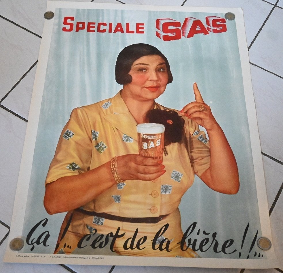 Poster ancien Speciale SAS/par pièce ou par 5 / 64 x 49 cm, Collections, Marques de bière, Envoi, Comme neuf, Panneau, Plaque ou Plaquette publicitaire
