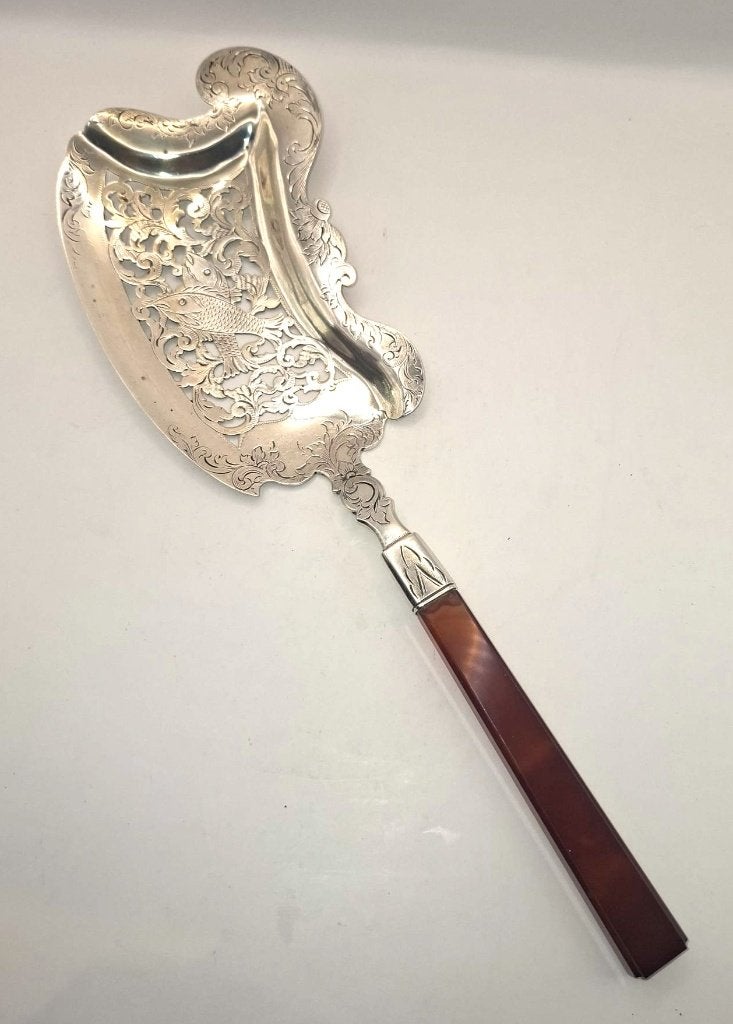 Pelle de pêche ancienne en argent avec manche en agate 1855, Enlèvement ou Envoi