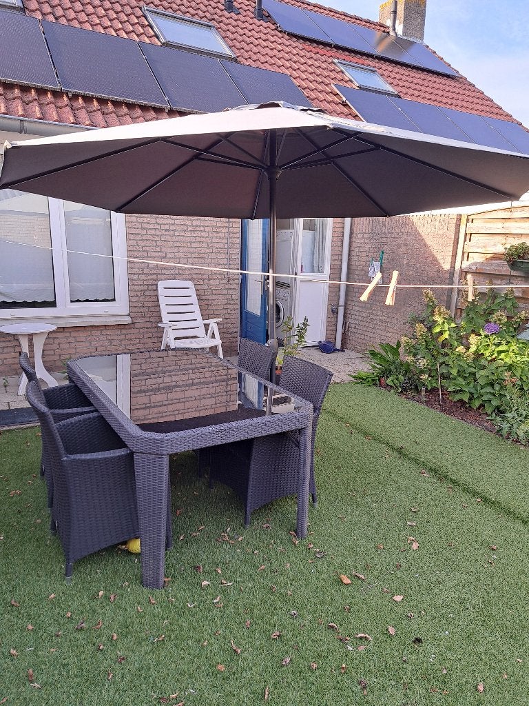 tuinset + parasol, Jardin & Terrasse, Ensembles de jardin, Salons de jardin, Comme neuf, Synthétique, Enlèvement