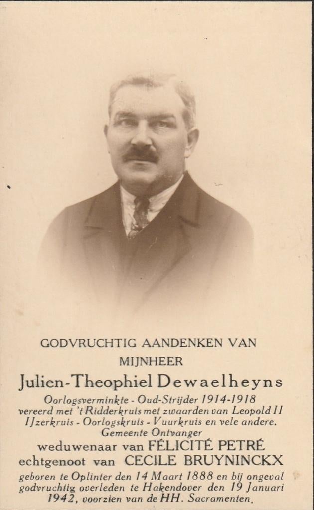 Oudstrijder 1914-1918 Julien Theophiel Dewaelheyns, Ophalen