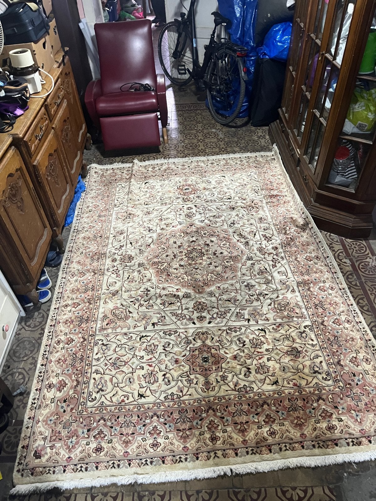 Grand tapis persan beige et rose 267x185cm, Enlèvement, Comme neuf, Beige