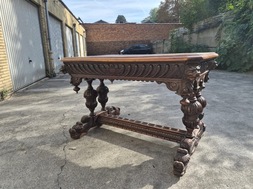bureau en chêne sculpté style gothique, Maison & Meubles, 117 cm, Autres styles, Enlèvement, Brun