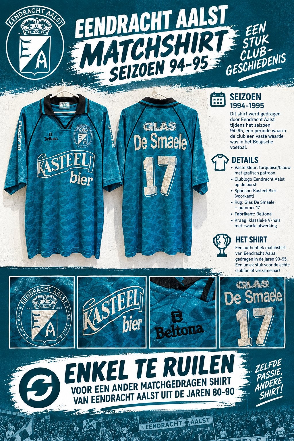 Maillot extérieur usé par Eendracht Aalst Kasteelbier n°17, Sports & Fitness, Taille XL, Enlèvement ou Envoi, Comme neuf, Maillot
