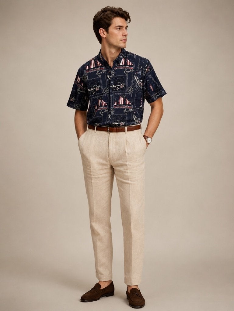 Overhemd Navy Nautisch Print XL, Kleding | Heren, Overhemden, No brand, Zo goed als nieuw, Halswijdte 43/44 (XL), Verzenden