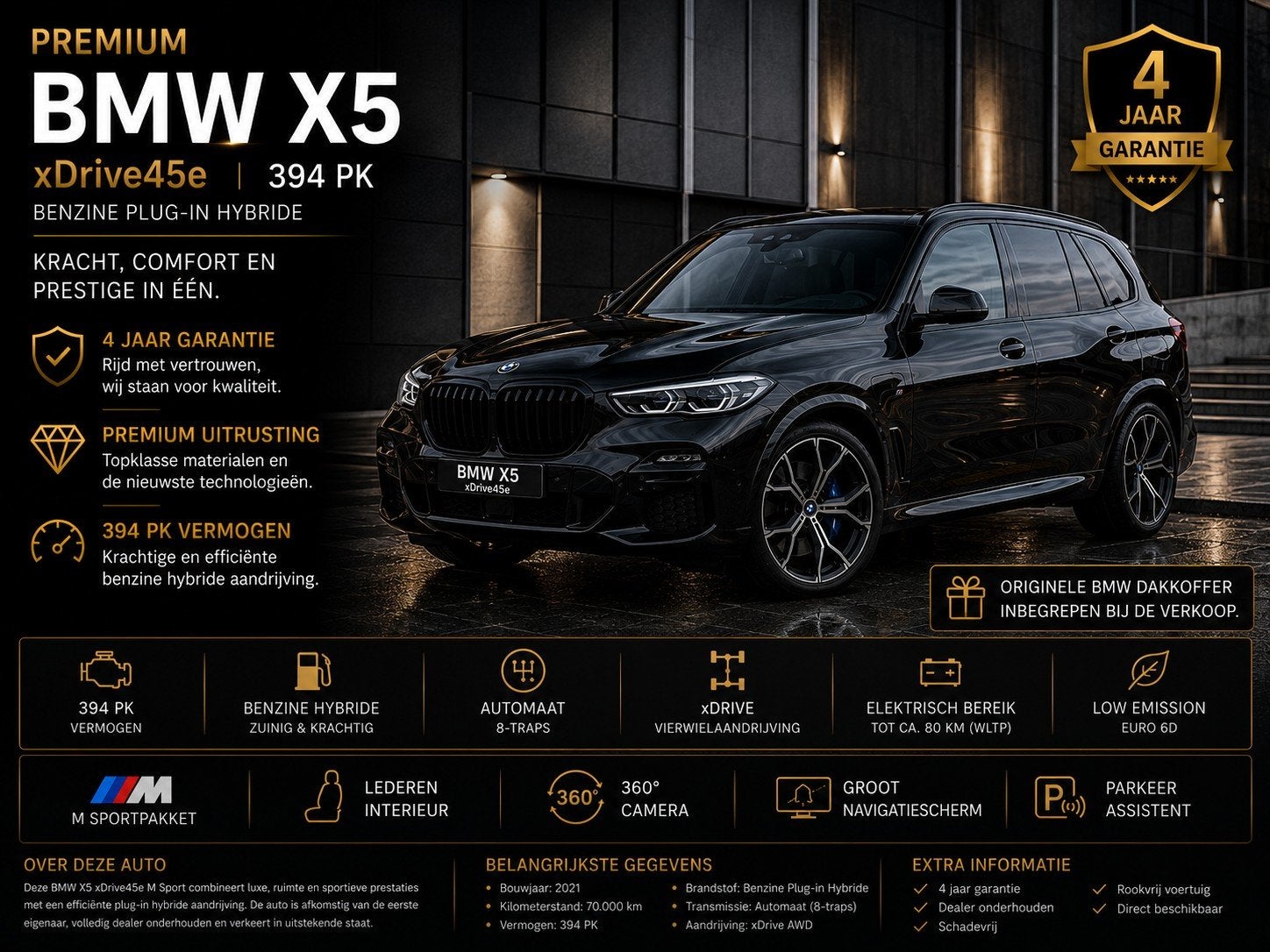 BMW X5 XDRİVE 45E VERLENGDE PREMİUM SELECTİON 4 JAAR GARANTİ, Auto's, BMW, Automaat, Zwart, Leder, Dealer onderhouden