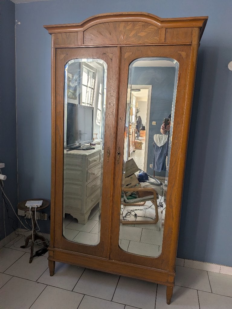 Armoire ancienne en bois marqueté avec miroirs, Ophalen, Ancien, 100 tot 150 cm, 200 cm of meer