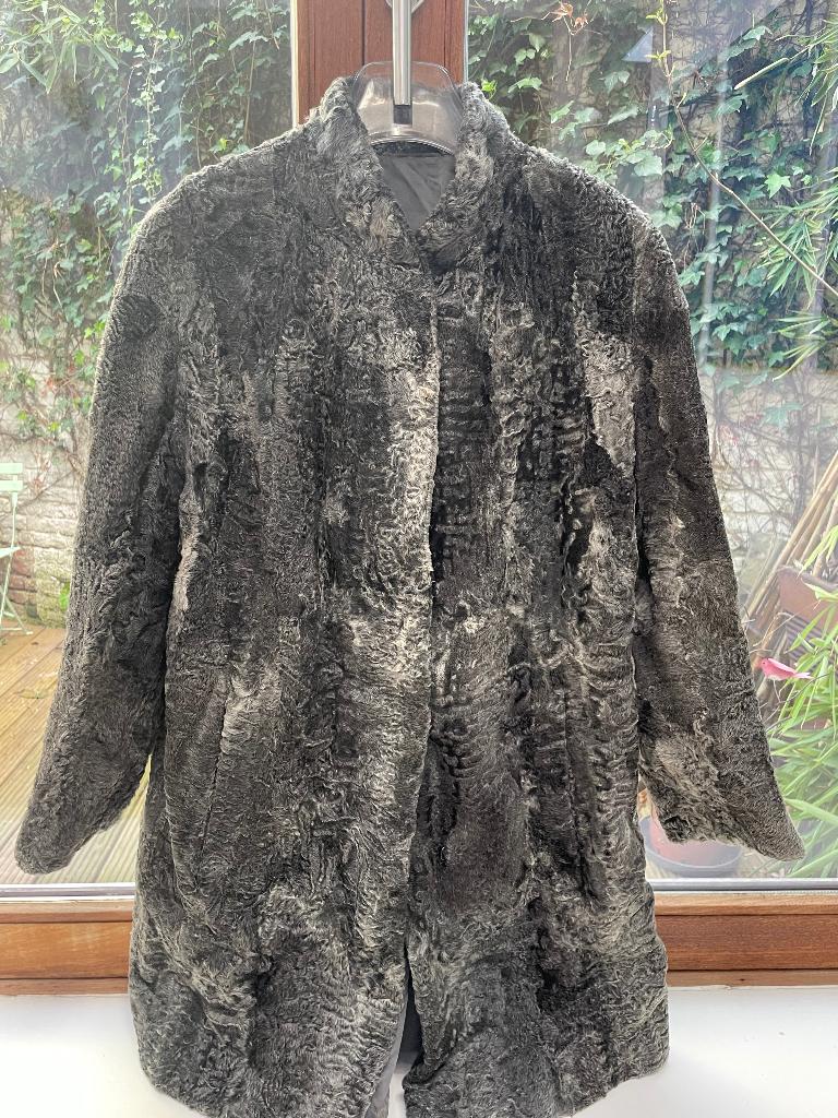 Manteau de fourrure en Astrakan, Ophalen, Gedragen, Maat 42/44 (L), Grijs