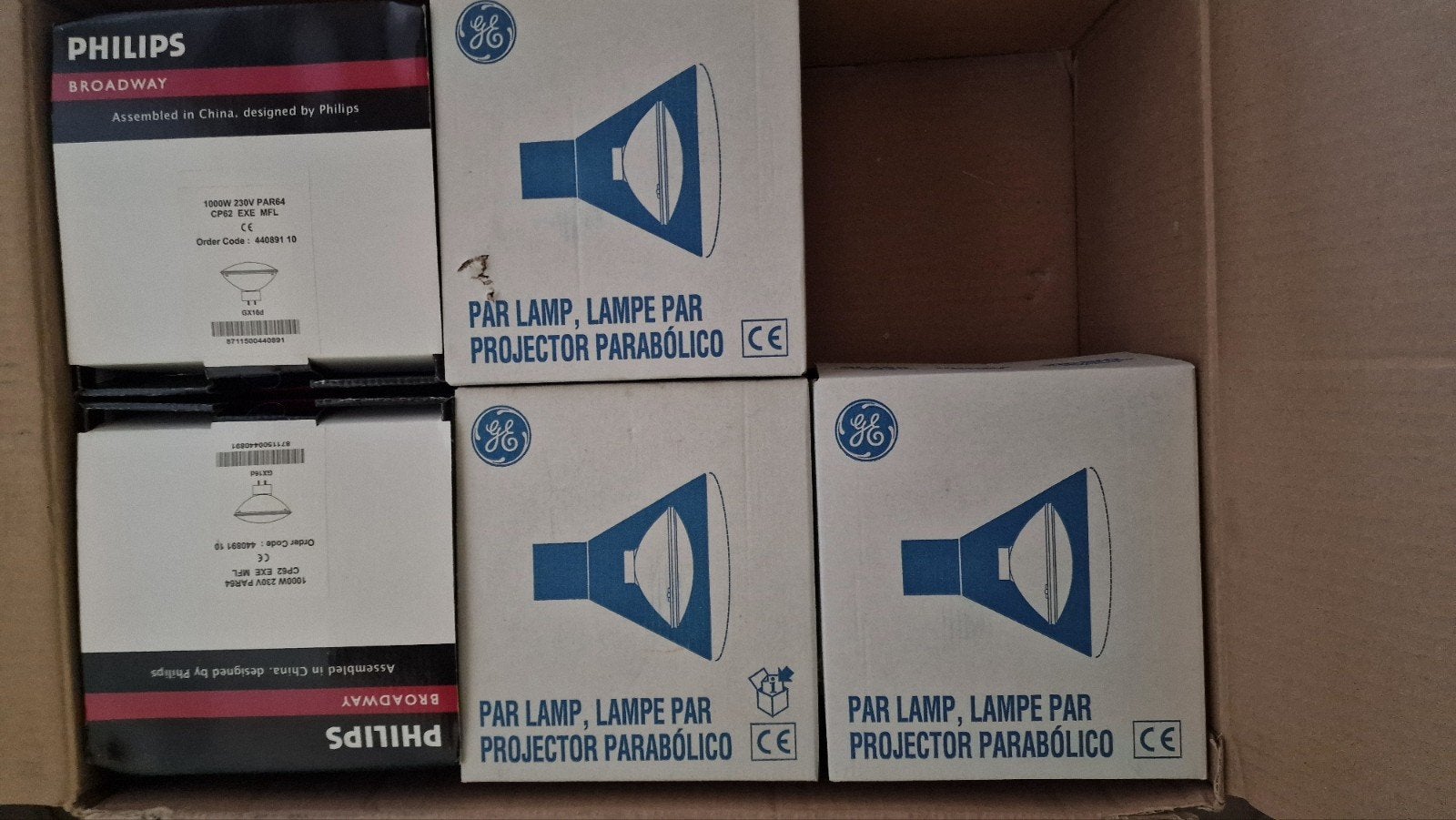 Set van 5 nieuwe Philips & GE 1000W 230V PAR64-lampen, Ophalen of Verzenden, Nieuw, Licht, Kleur