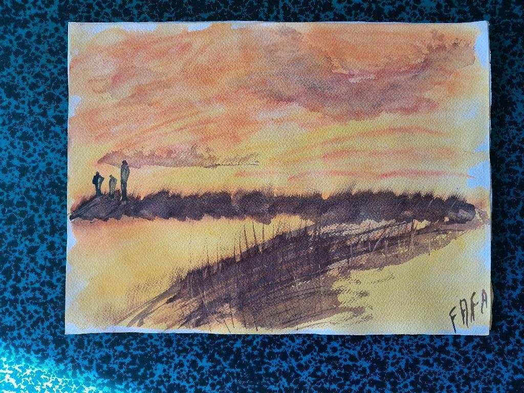 Akwarel - silhouetten bij zonsondergang, Antiek en Kunst, Kunst | Overige Kunst, Ophalen of Verzenden