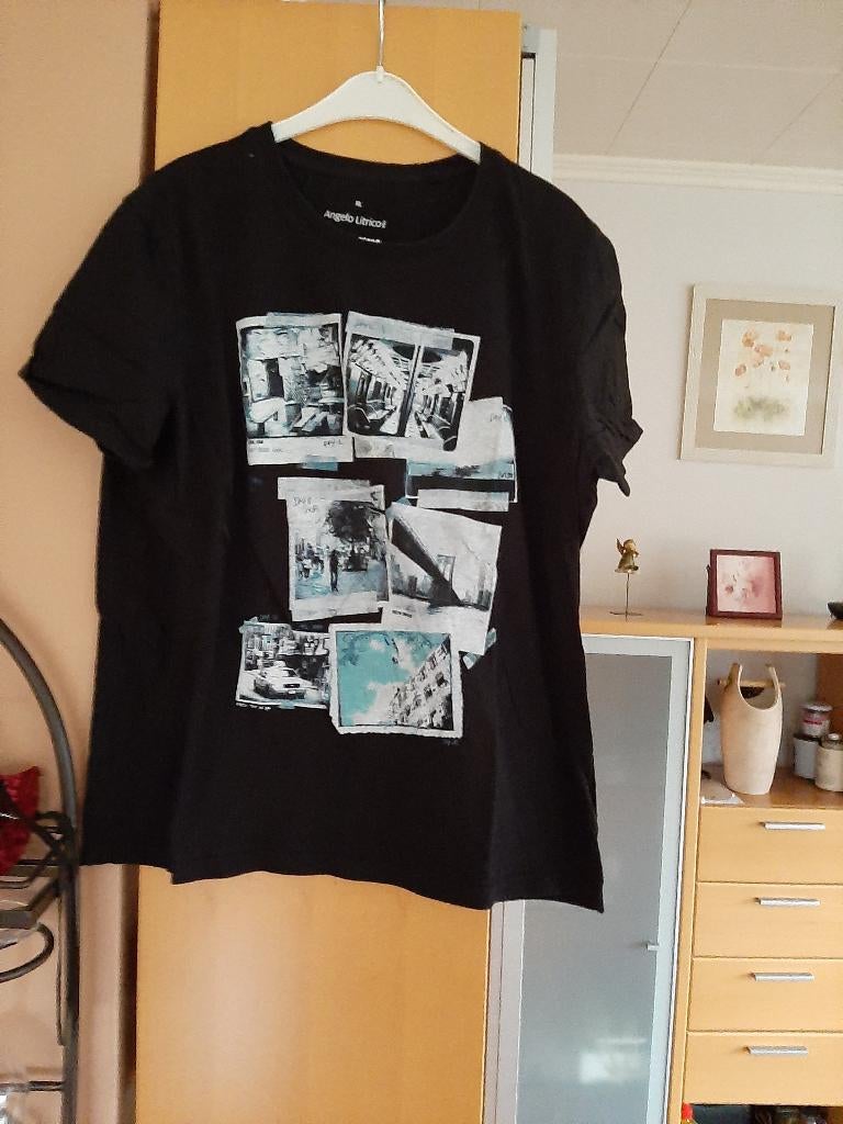 TS noir motifs Angelo Litrico L/XL, Vêtements | Hommes, T-shirts, Taille 52/54 (L), Enlèvement, Porté, Noir