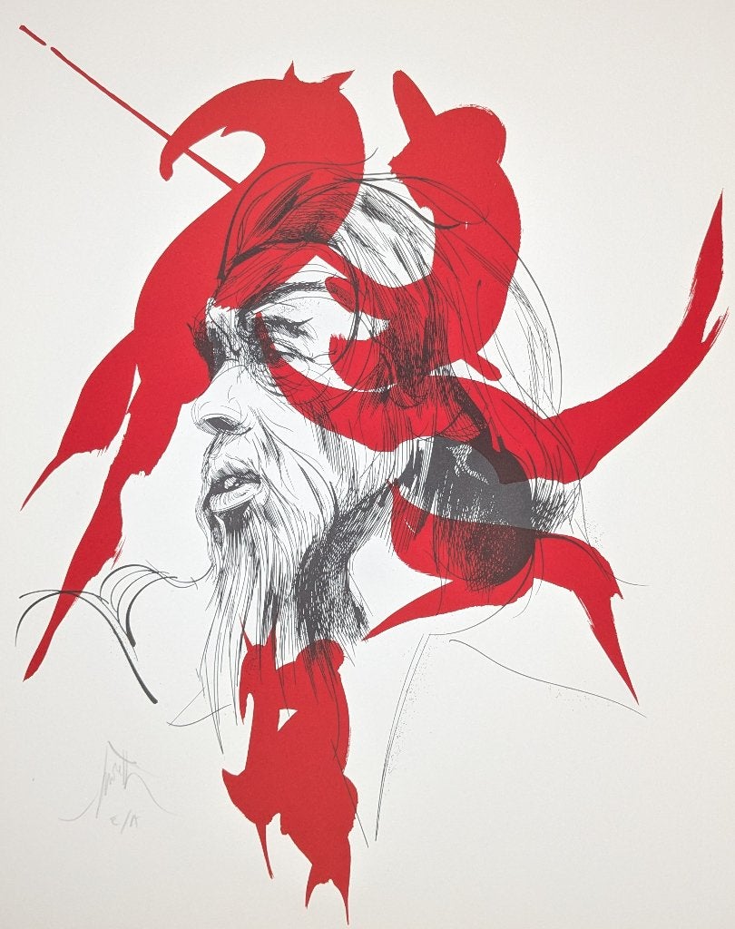 portret met rood - Litho – Raymond Moretti, Antiek en Kunst, Kunst | Litho's en Zeefdrukken, Ophalen of Verzenden