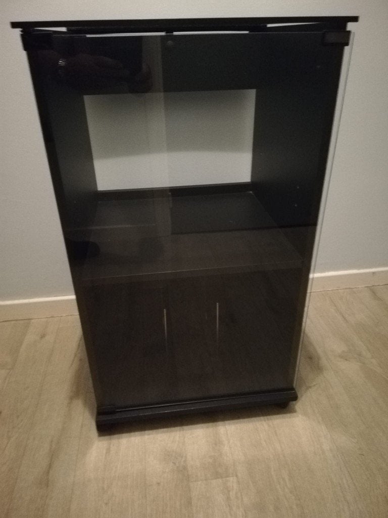 Zwarte glazen stereokast met deurtje, Audio, Tv en Foto, Stereoketens, Ophalen, Zo goed als nieuw
