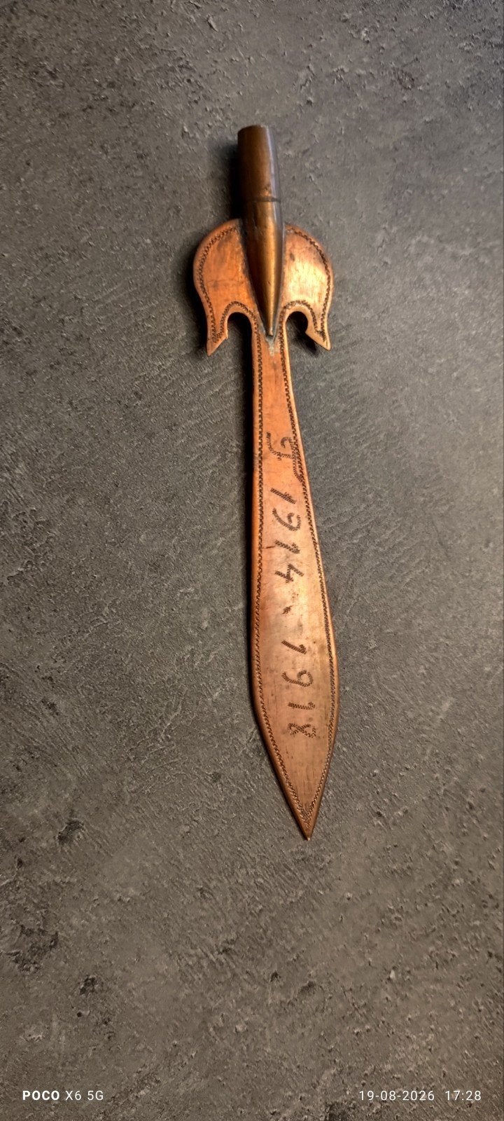 WO1 Trench Art 14-18 briefopener met Initialen C.D. 14cm, Verzamelen, Ophalen of Verzenden, Overige soorten, Kunstobject