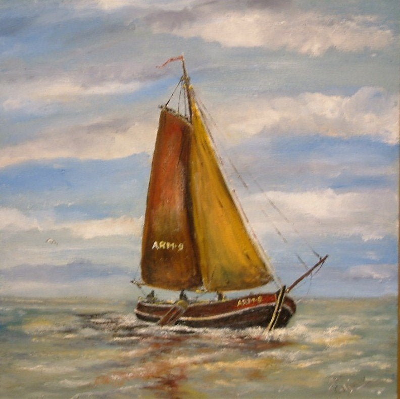 oude visserij op de zeil     Jac Caljouw Schilderijen, Maritiem / water, Doek, Ophalen of Verzenden, Gesigneerd