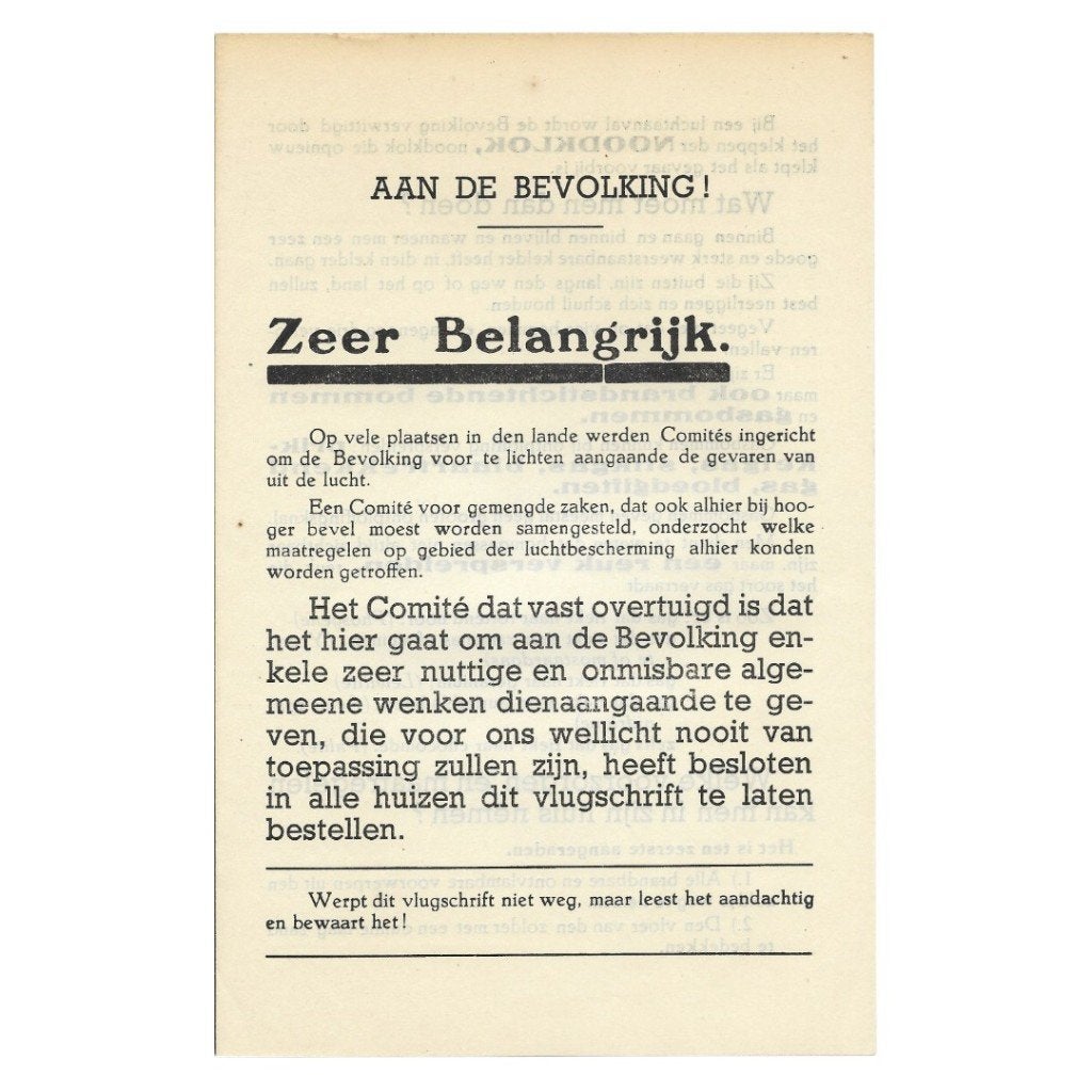 Aan de bevolking! - Vlugschrift luchtbescherming, Verzamelen, Militaria | Tweede Wereldoorlog, Overige soorten, Overige typen