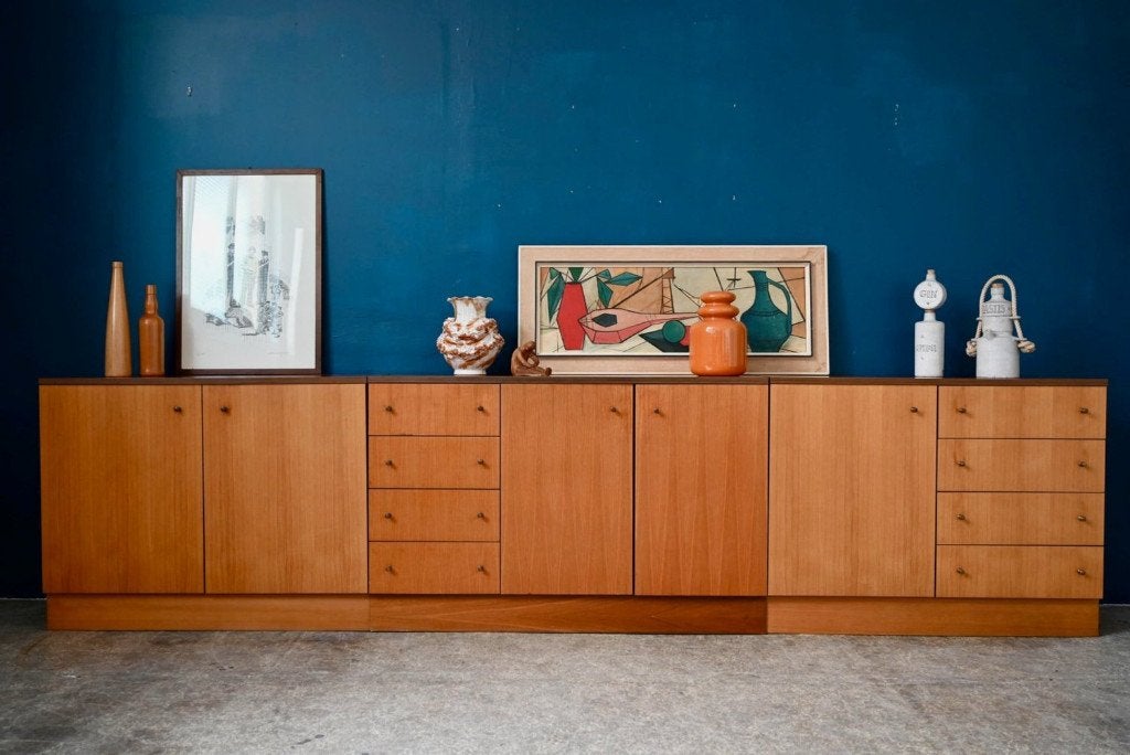 Enfilade modulaire vintage seventies bois et laiton, Maison & Meubles, Métal, 25 à 50 cm, 200 cm ou plus, Moins de 100 cm