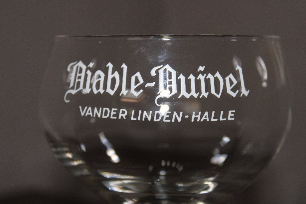 Oud bierglas "Brouwerij Vanderlinden" Halle "Diable-Duivel"., Ophalen of Verzenden, Nieuw, Glas of Glazen, Overige merken