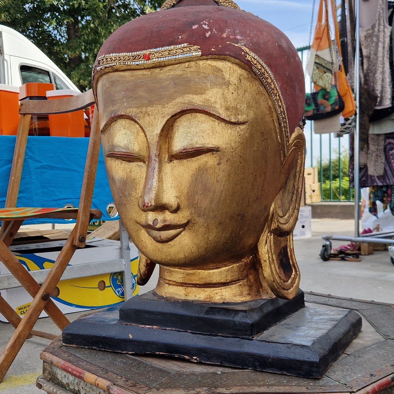Grande tête de bouddha 95cm avec la pointe, Enlèvement, Bois, Doré, Massif