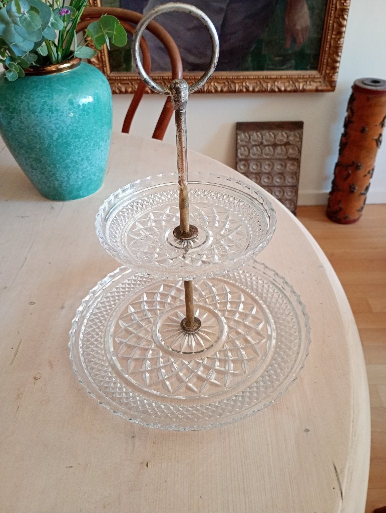 Présentoir à gâteaux ancien de 2 étages en verre taillé, Enlèvement ou Envoi