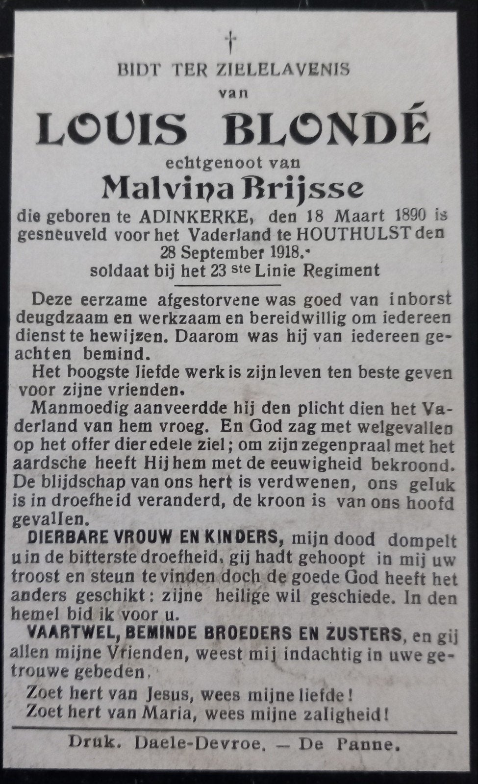 Bidprent WO1, Verzamelen, Bidprentjes en Rouwkaarten, Ophalen of Verzenden