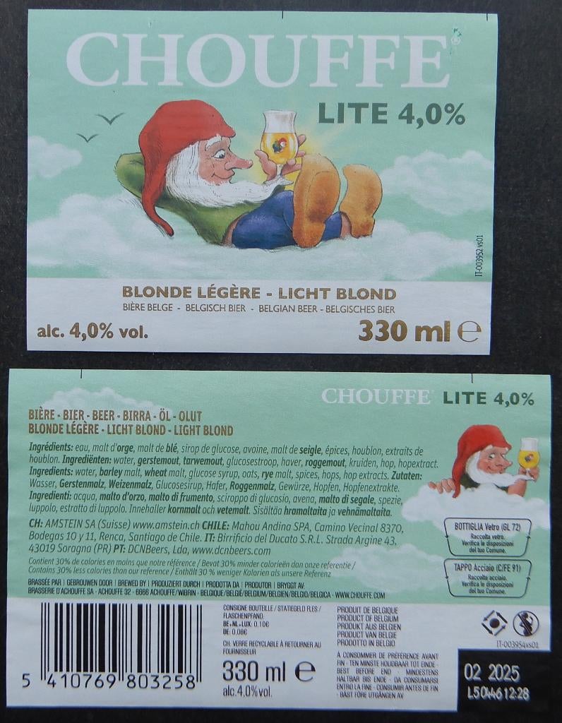Étiquette de bière Chouffe Lite Brasserie d'Achouffe (13f3), Envoi, Utilisé