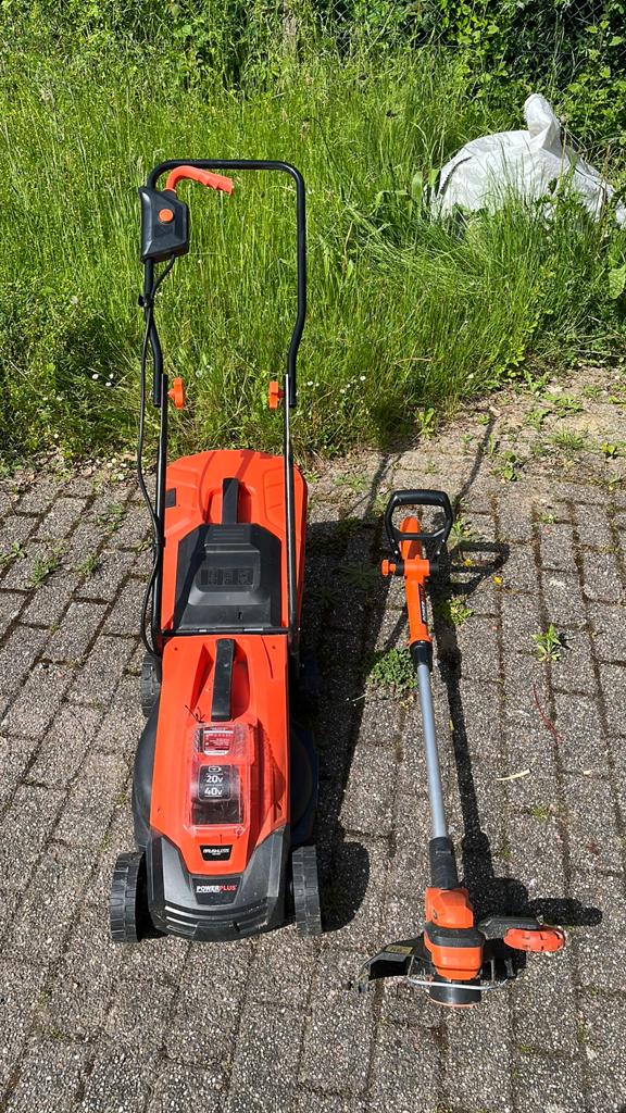 Tondeuse Powerplus 20V + coupe-bordures Powerplus, Enlèvement, Comme neuf, Bac de ramassage