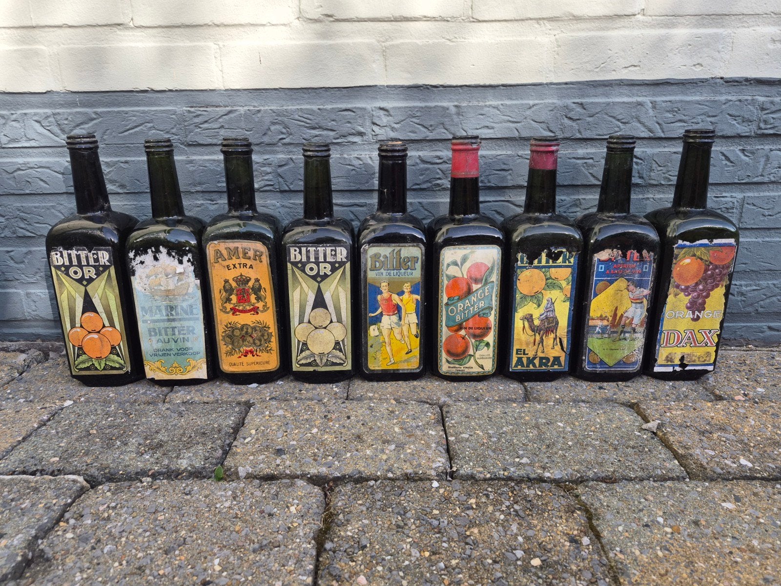 9 originele flessen jenever,amer, bitter 1930, Verzamelen, Ophalen of Verzenden