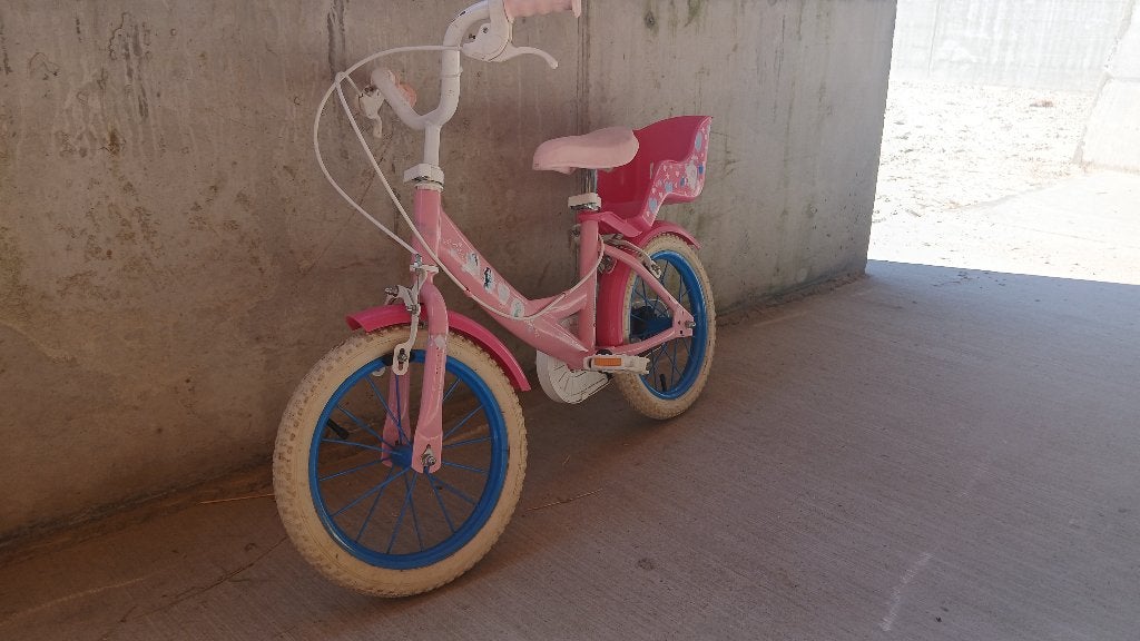 Meisjesfiets 14 inch (incl. steunwieltjes), Ophalen, Gebruikt, 14 inch of minder, Handrem