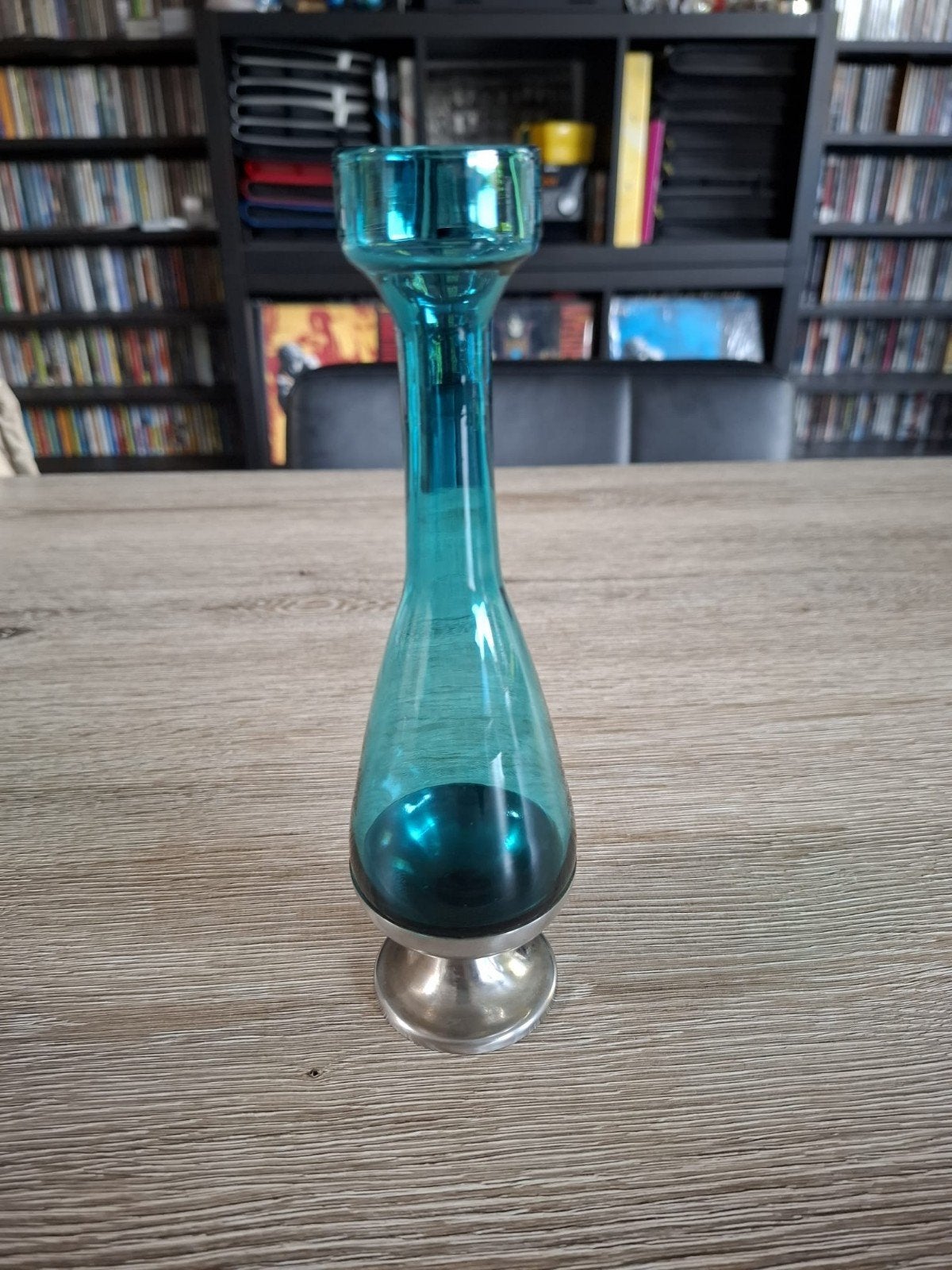 vintage turquoise glazen vaasje brevet, Ophalen of Verzenden