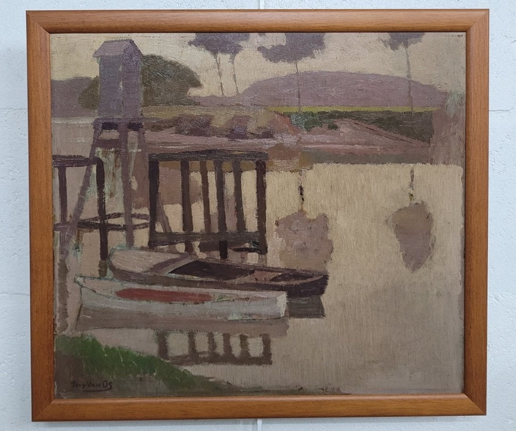 Tony VAN OS, aan de steiger, Antiek en Kunst, Kunst | Schilderijen | Klassiek, Maritiem / water, Olieverf, Paneel, Gesigneerd