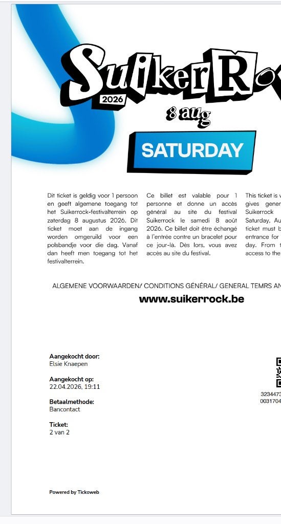 Suikerrock 2026 - 2 tickets ZA 8 08 2026, Tickets en Kaartjes