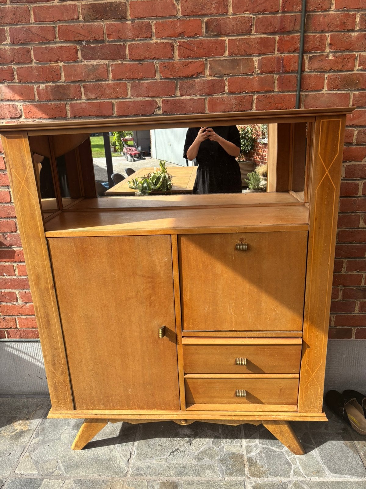 Vintage kast met spiegel, Huis en Inrichting, Kasten | Dressoirs, Gebruikt, Met deur(en), Met klep(pen), Met plank(en), Eikenhout