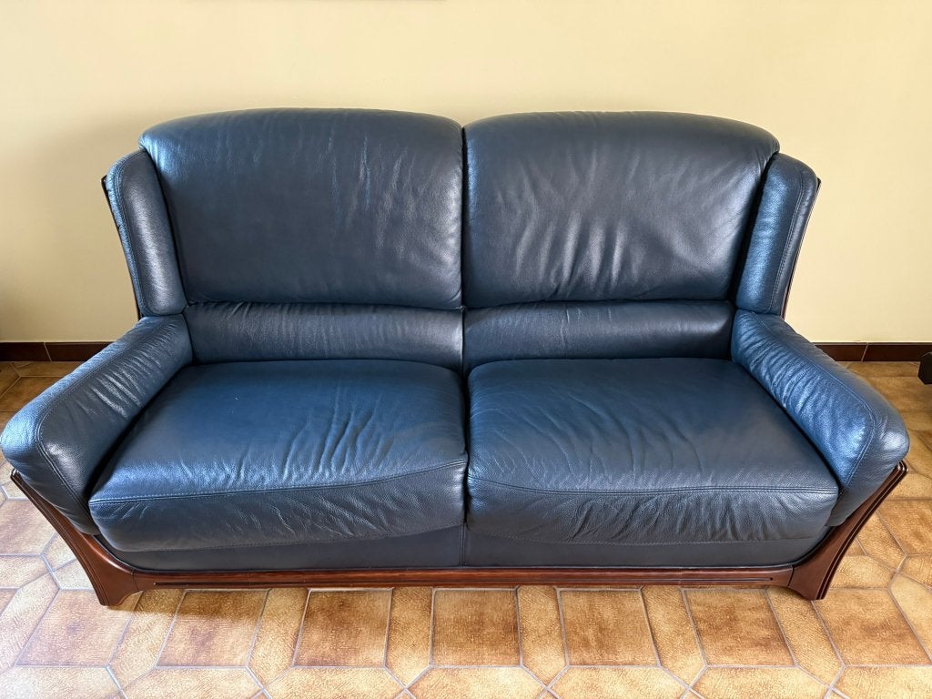 Prachtig donkerblauw lederen salon – set van topkwaliteit!, Ophalen, 150 tot 200 cm, Tweepersoons, Zo goed als nieuw