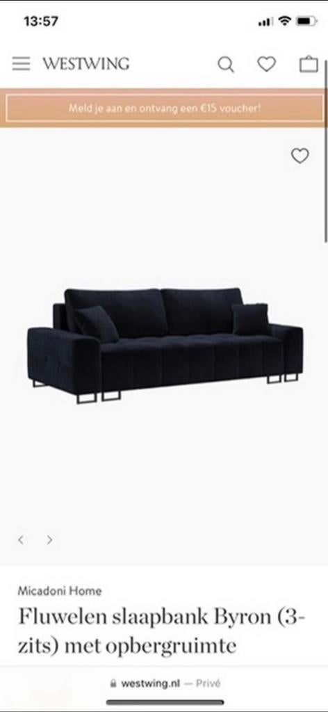 Fluwelen slaapbank WestWing, Ophalen, Tweepersoons, Zo goed als nieuw, 180 cm