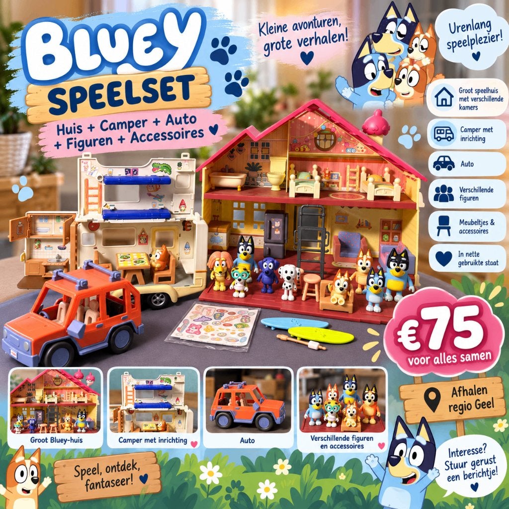 GROTE BLUEY SPEELSET – HUIS + CAMPER + AUTO + FIGUREN, Ophalen