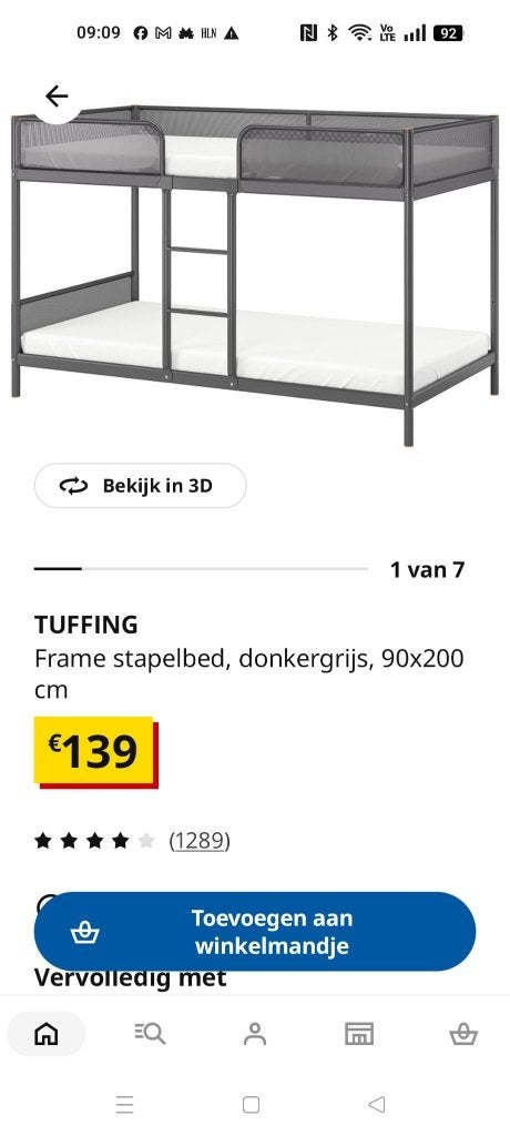 Ikea Tuffing stapelbed, Ophalen, 90 cm, Tweepersoons, Minder dan 160 cm
