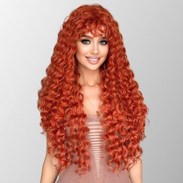 Sexy pruik lang oranje haar veel krullen zonder pony, Ophalen of Verzenden, Nieuw