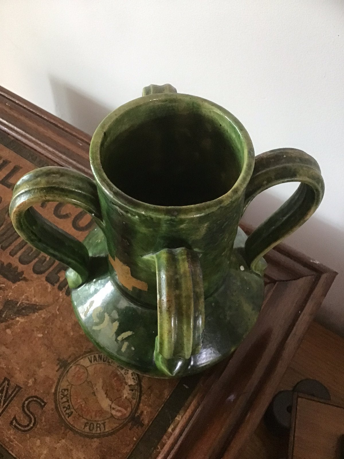 Antiek groene keramieken kruik 1914, Ophalen of Verzenden
