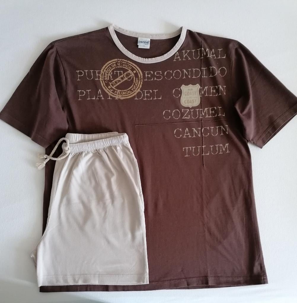 Bruine pyjama met beige korte broek van Perlina, M, Ophalen of Verzenden, Zo goed als nieuw