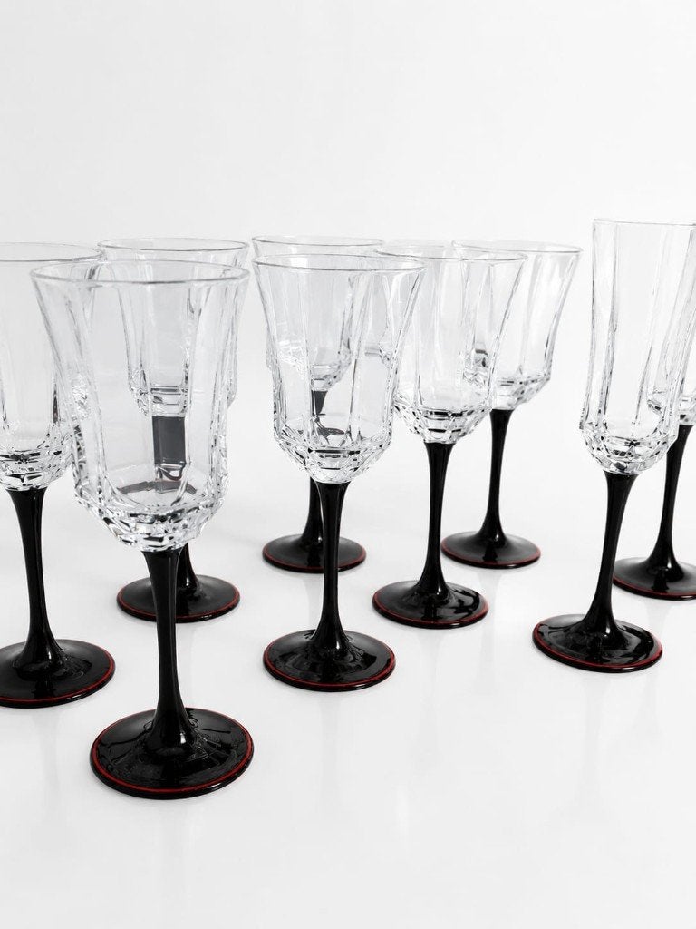 Set van 10 Art Deco Glazen met Zwarte Voet en Rode Rand, Antiek en Kunst, Antiek | Glaswerk en Kristal, Ophalen of Verzenden