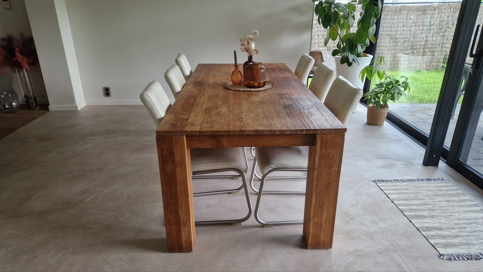 Teakhouten eettafel + 6 lederen stoelen, Ophalen, Teakhout