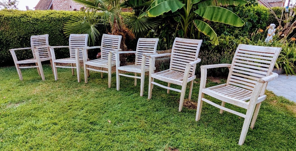 6 hoogwaardige teak tuinstoelen, Enlèvement, Comme neuf, Bois de teck, Empilable
