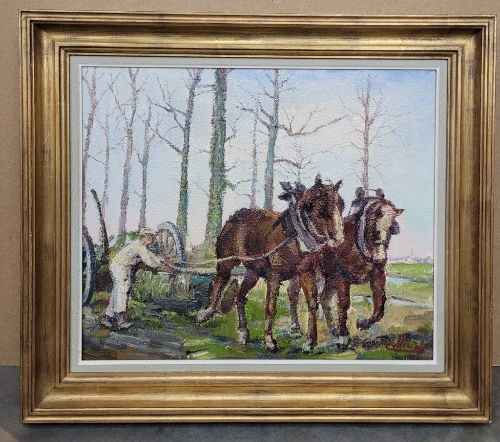 Joseph TILLEUX, paardenkracht, Antiek en Kunst, Doek, Impressionistisch, Ophalen of Verzenden, Gesigneerd