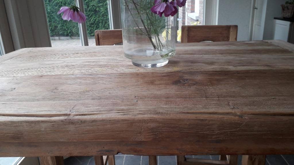 4 tabourets de bar, table de bar haute, vieux bois de teck, Enlèvement, Comme neuf, Y compris les chaises de bar