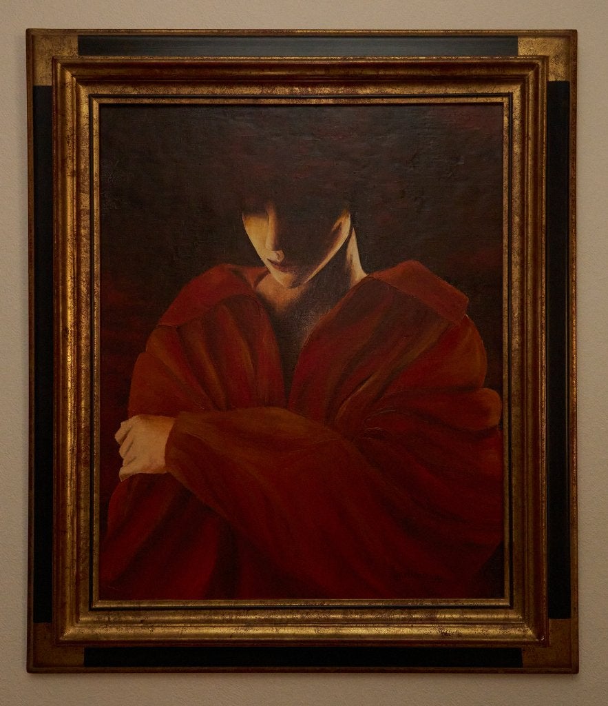 Tableau "Le manteau rouge" de Christine Arnould, Enlèvement, Daté, Portrait ou Personnes, Toile