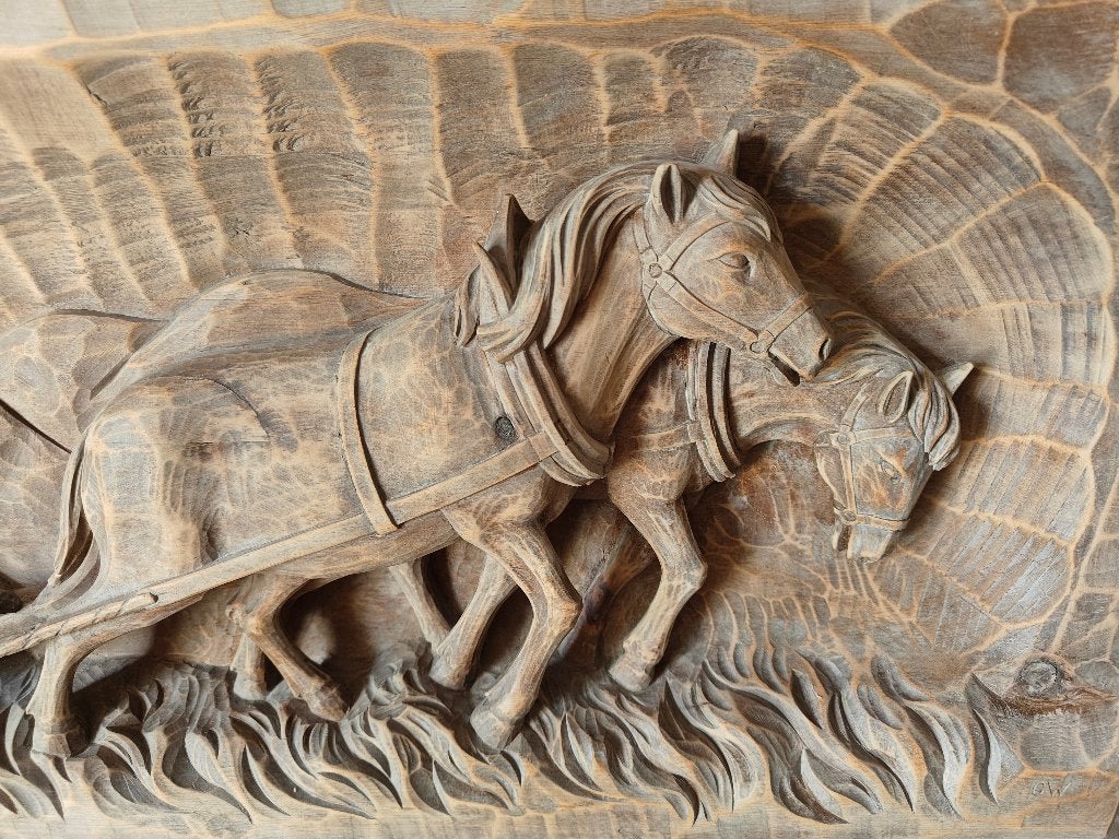 Cadre sculpté dans un tronc d'arbre, le laboureur fermier, Antiquités & Art, Curiosités & Brocante, Enlèvement