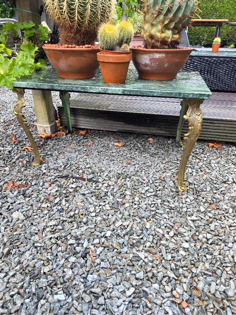 Vintage Salontafel met Groen Marmeren Blad en Koperen, Antiek en Kunst, Ophalen