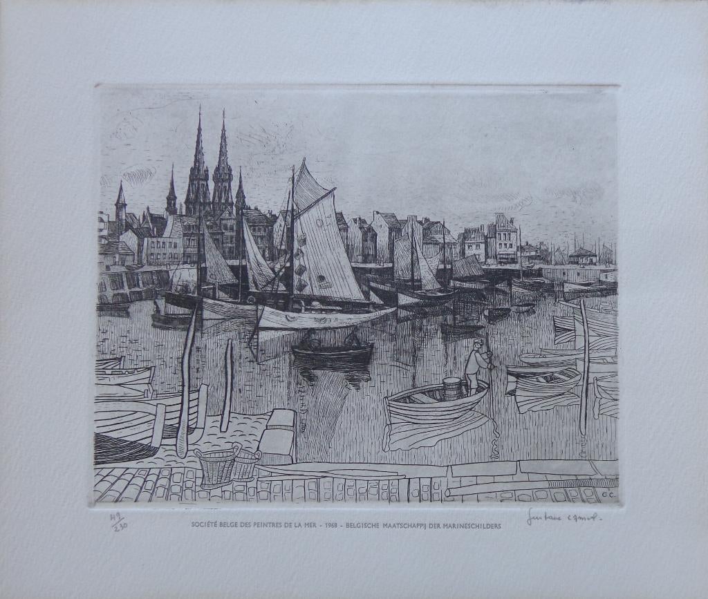 GUSTAVE CAMUS / HAVEN OOSTENDE / ZW-W ETS / 34x40cm / SIG, Antiquités & Art, Enlèvement ou Envoi