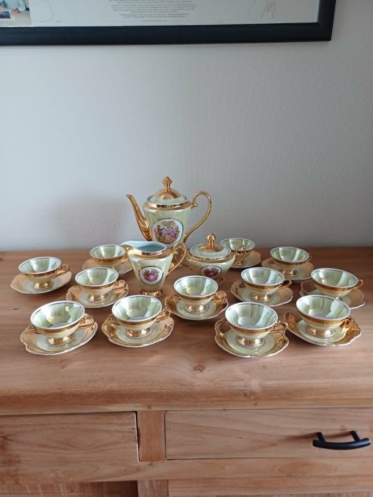 Vintage Thee/mokkaservies Mintgroen-Goud ZG staat, Maison & Meubles, Cuisine | Vaisselle, Enlèvement, Porcelaine, Vintage, Pichet