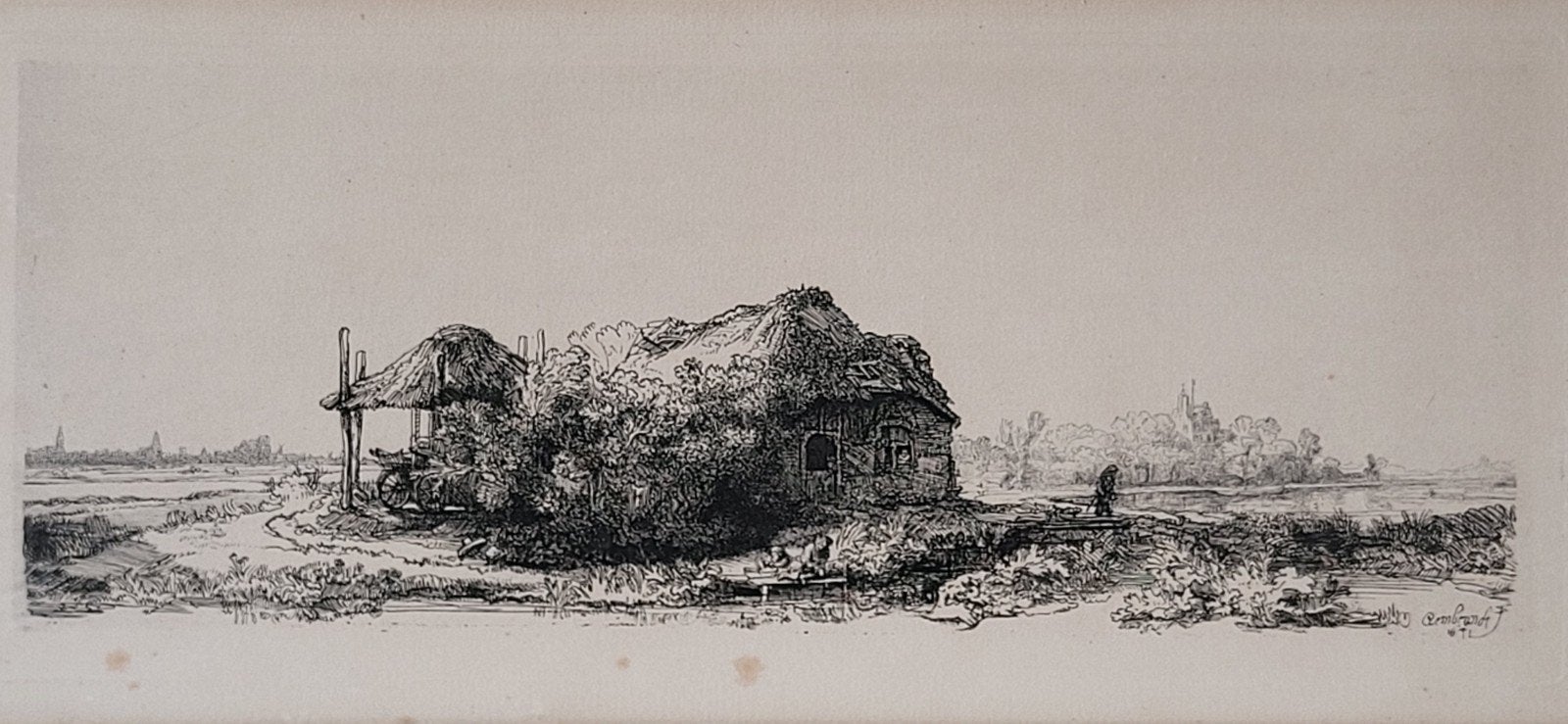 Héliogravure d'après Rembrandt — Paysage avec cabane et bott, Enlèvement ou Envoi, Paysage, Eau-forte, Encadré